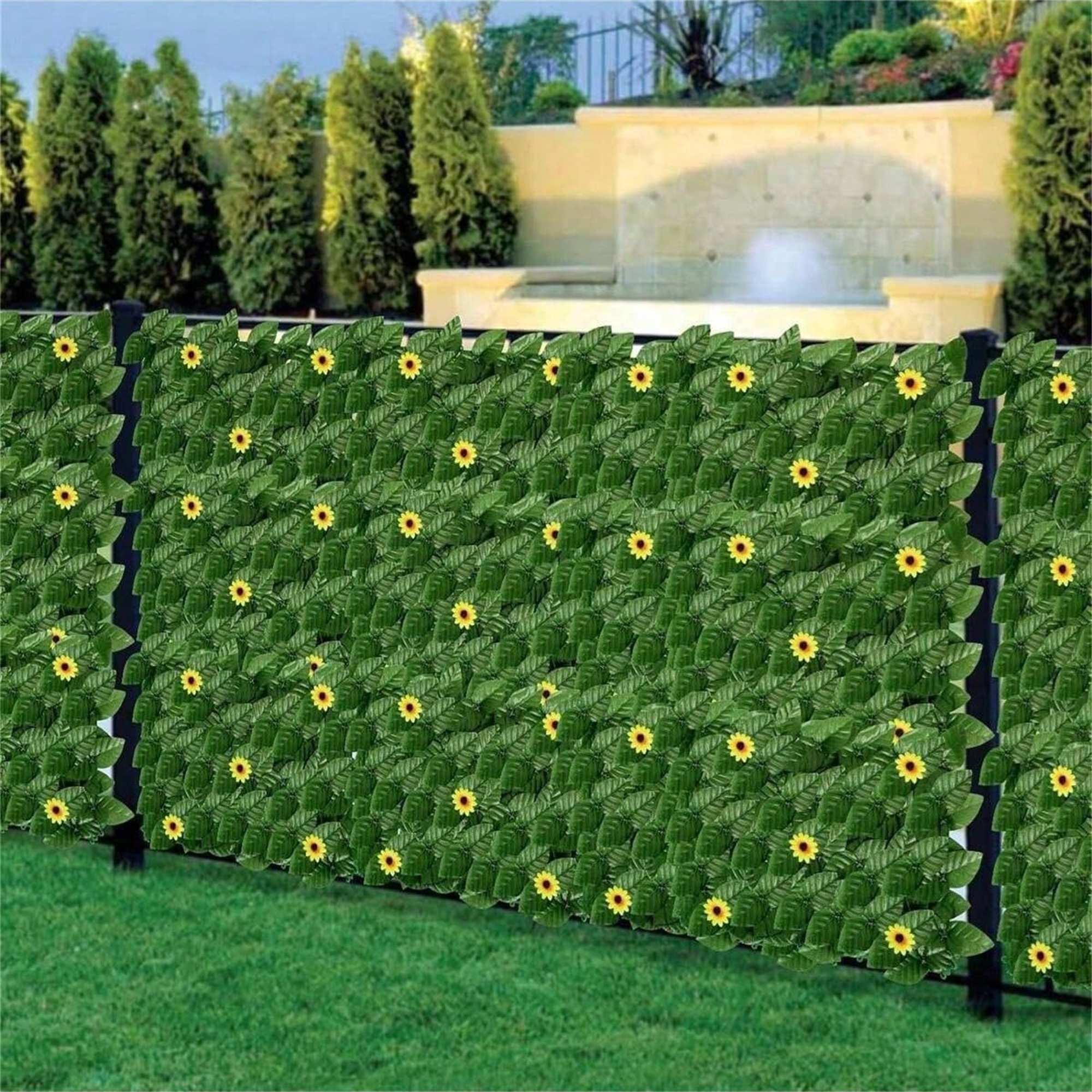 Artificial Ivy & Sunflower Privacy Fence styled for a home or retail display