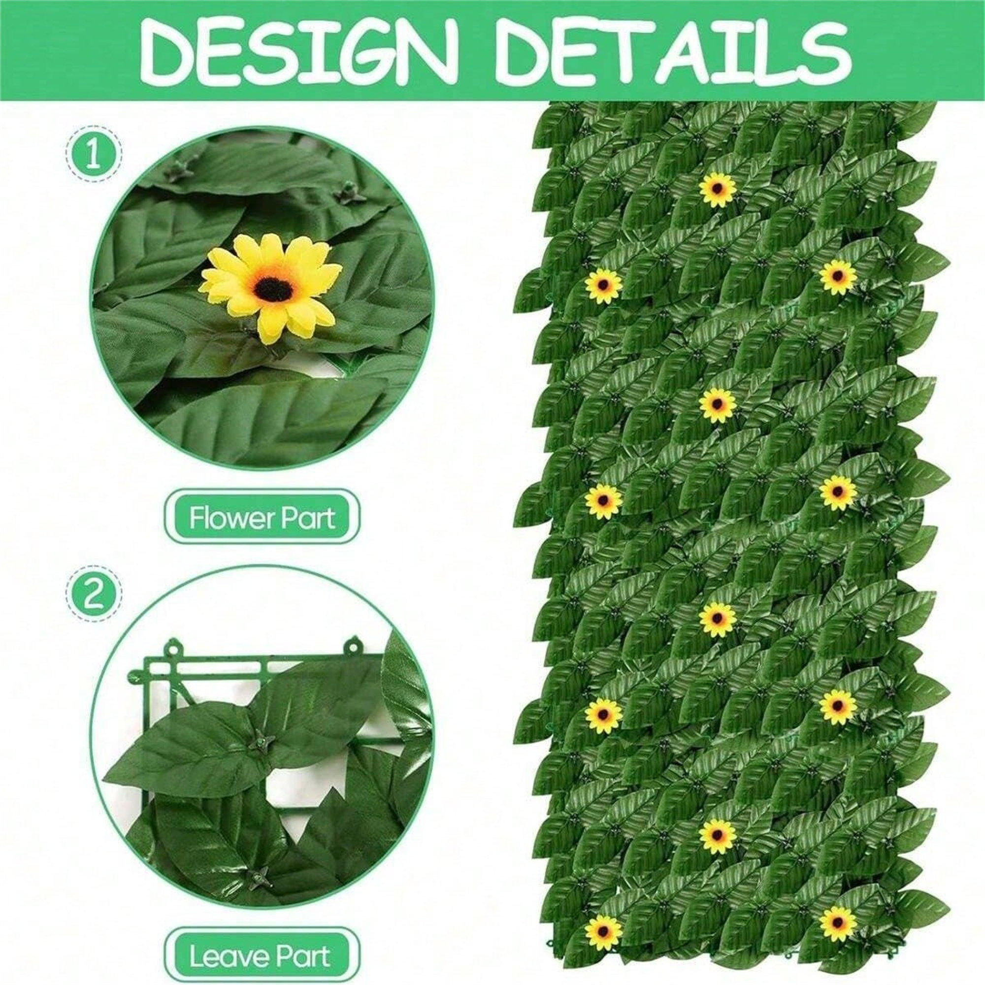 Close-up detail of Artificial Ivy & Sunflower Privacy Fence