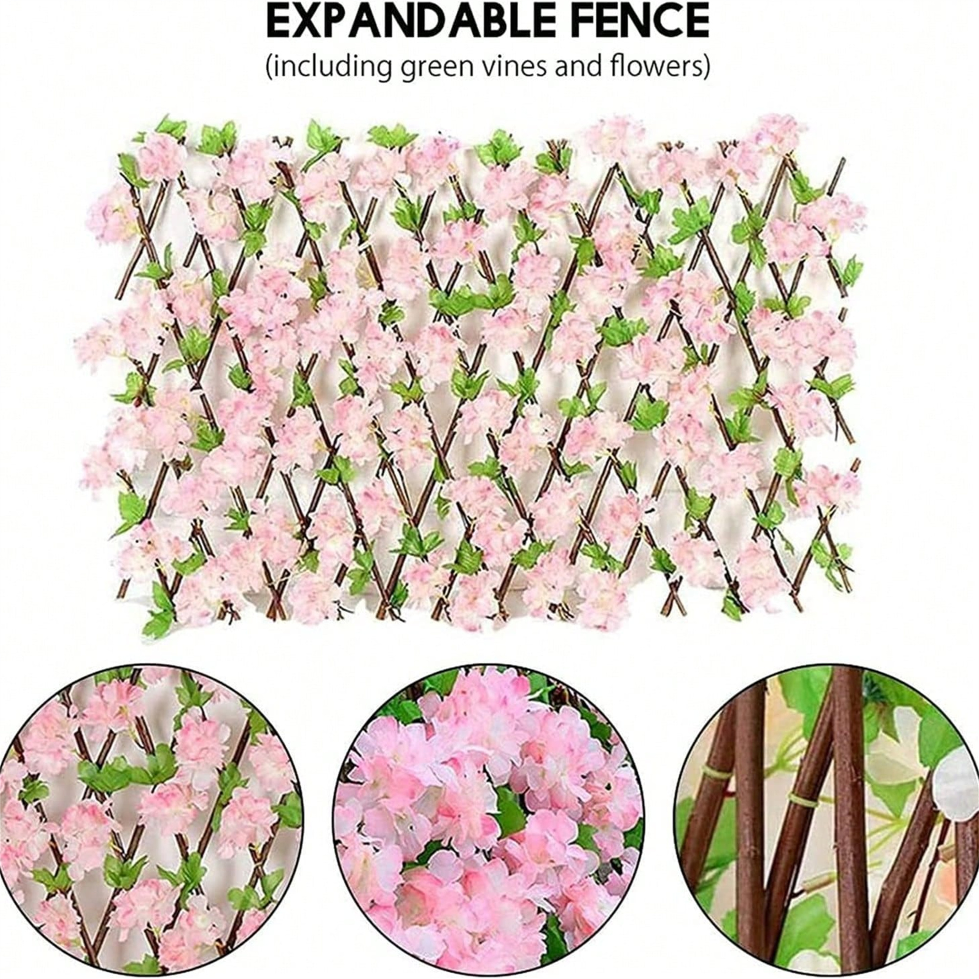 Close-up detail of Artificial Flower Hedge with Retractable Wooden Fence