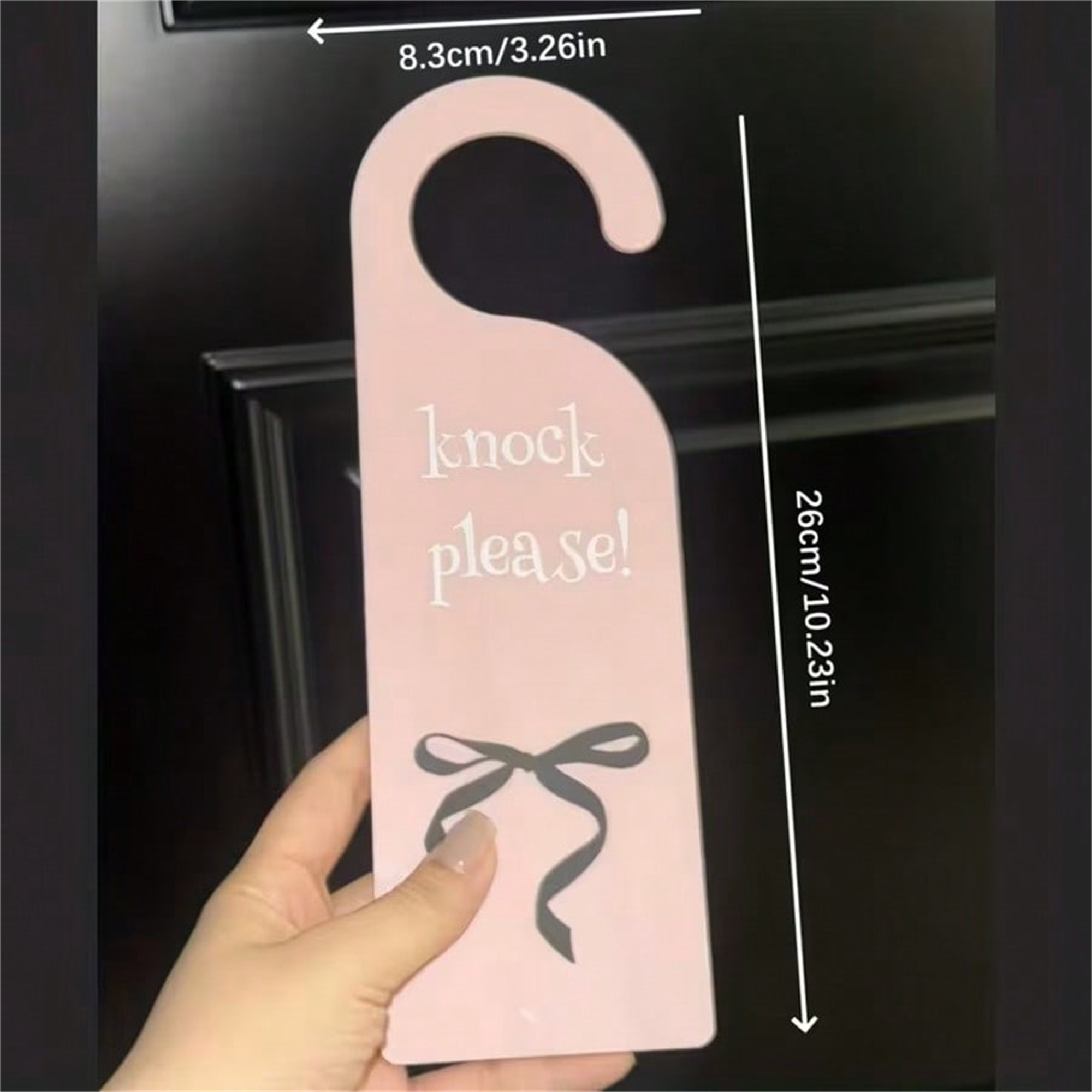 Size reference for "Please Knock" Bow Acrylic Hanging Sign