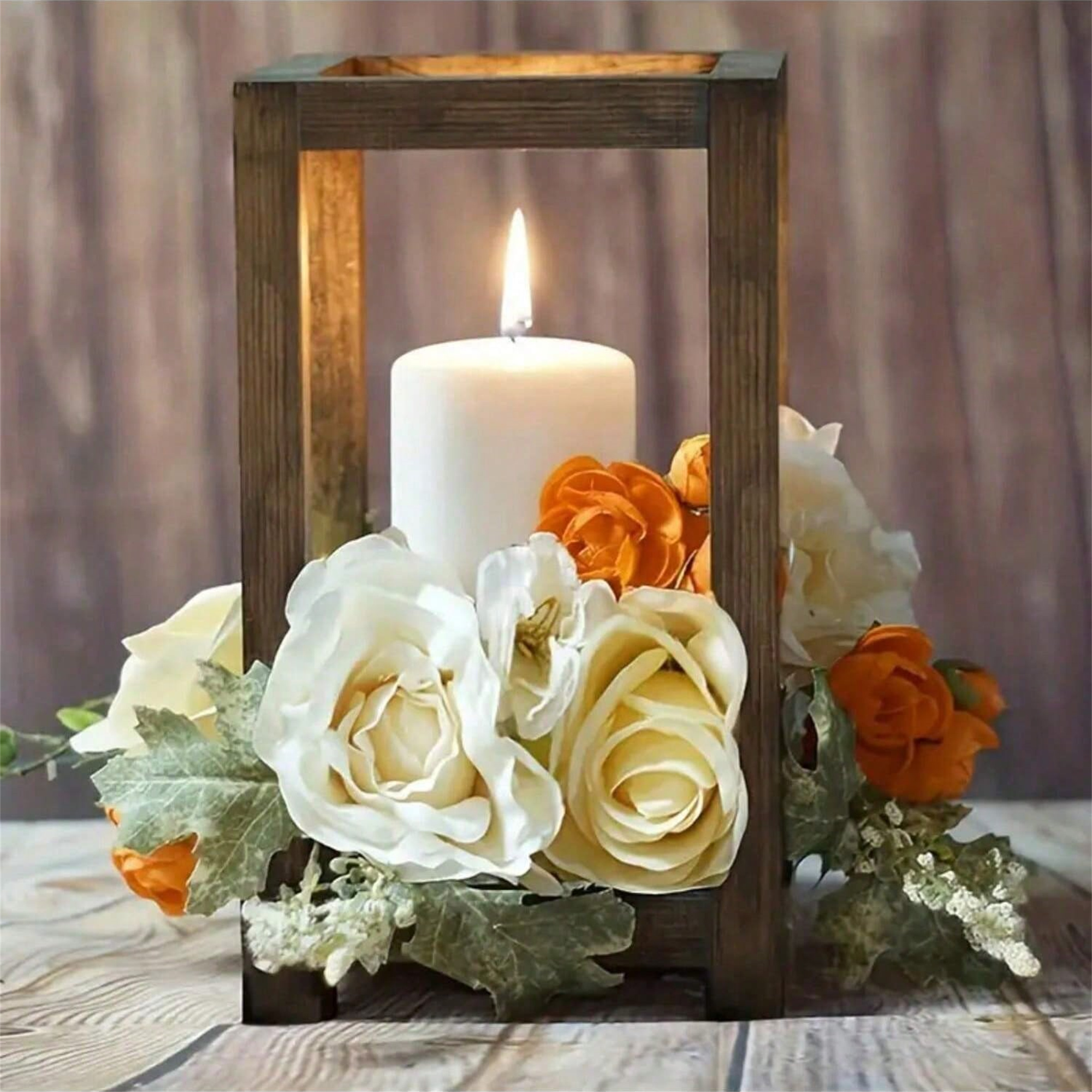 Close-up detail of Rustic Wooden Candle Lantern