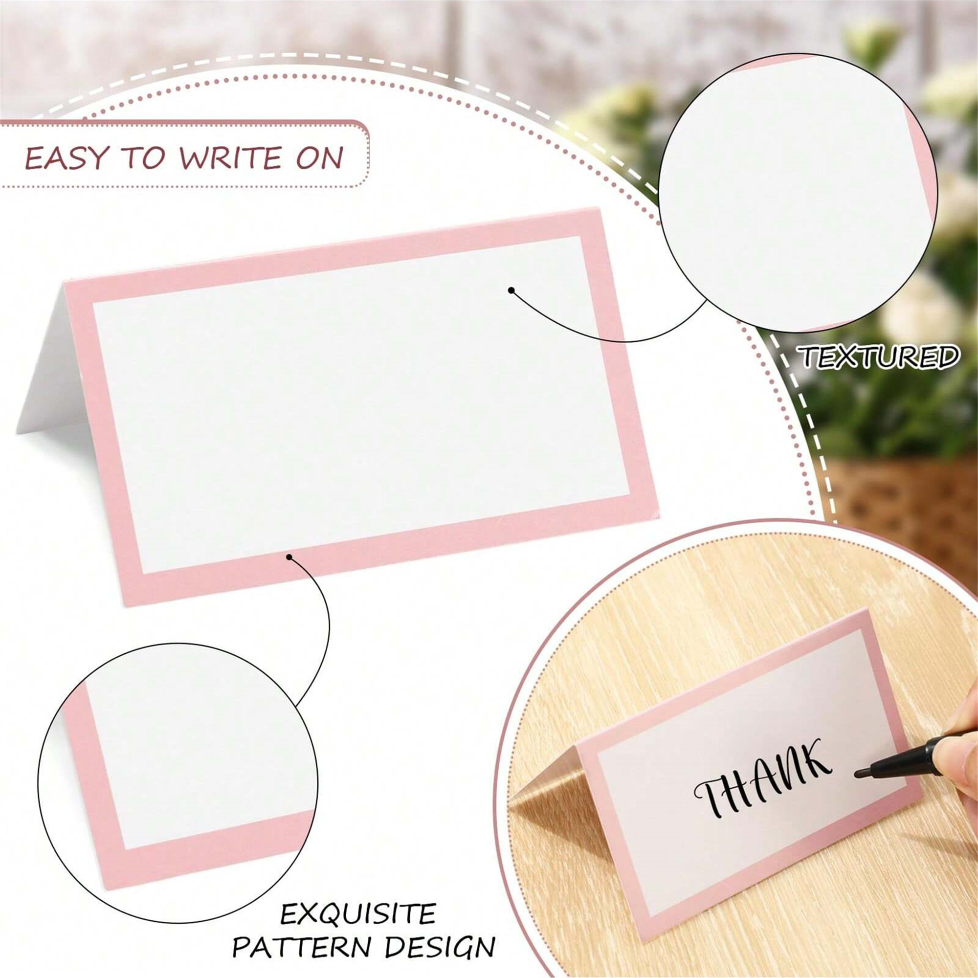 Close-up detail of Pink Tented Place Cards