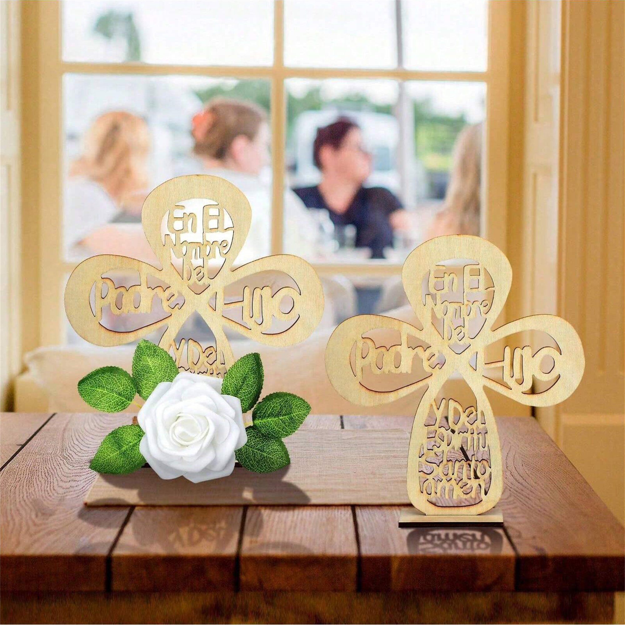 Wooden Cross Baptism Centerpieces styled for a home or retail display