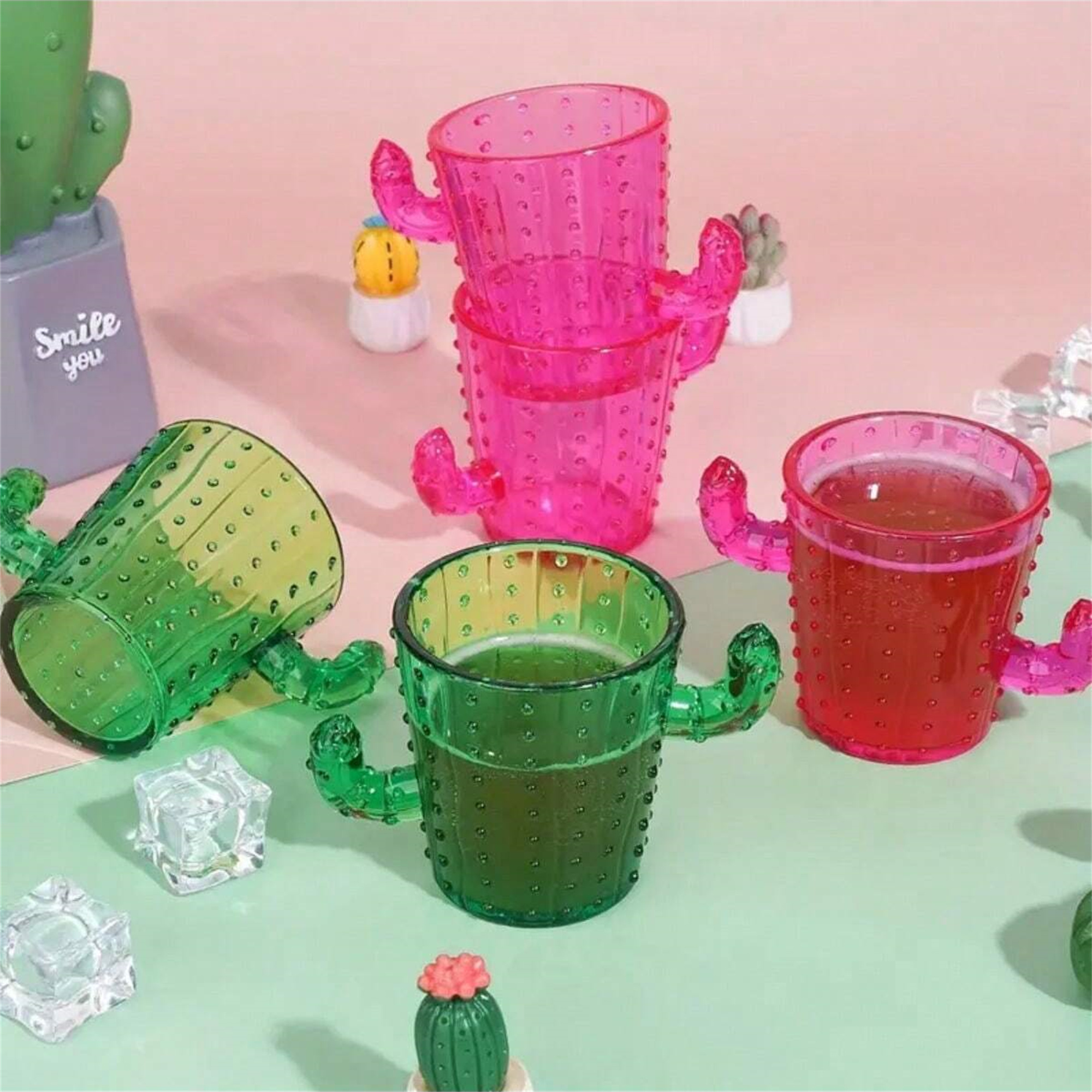 Cute Plastic Cactus Shot Glasses styled for a home or retail display