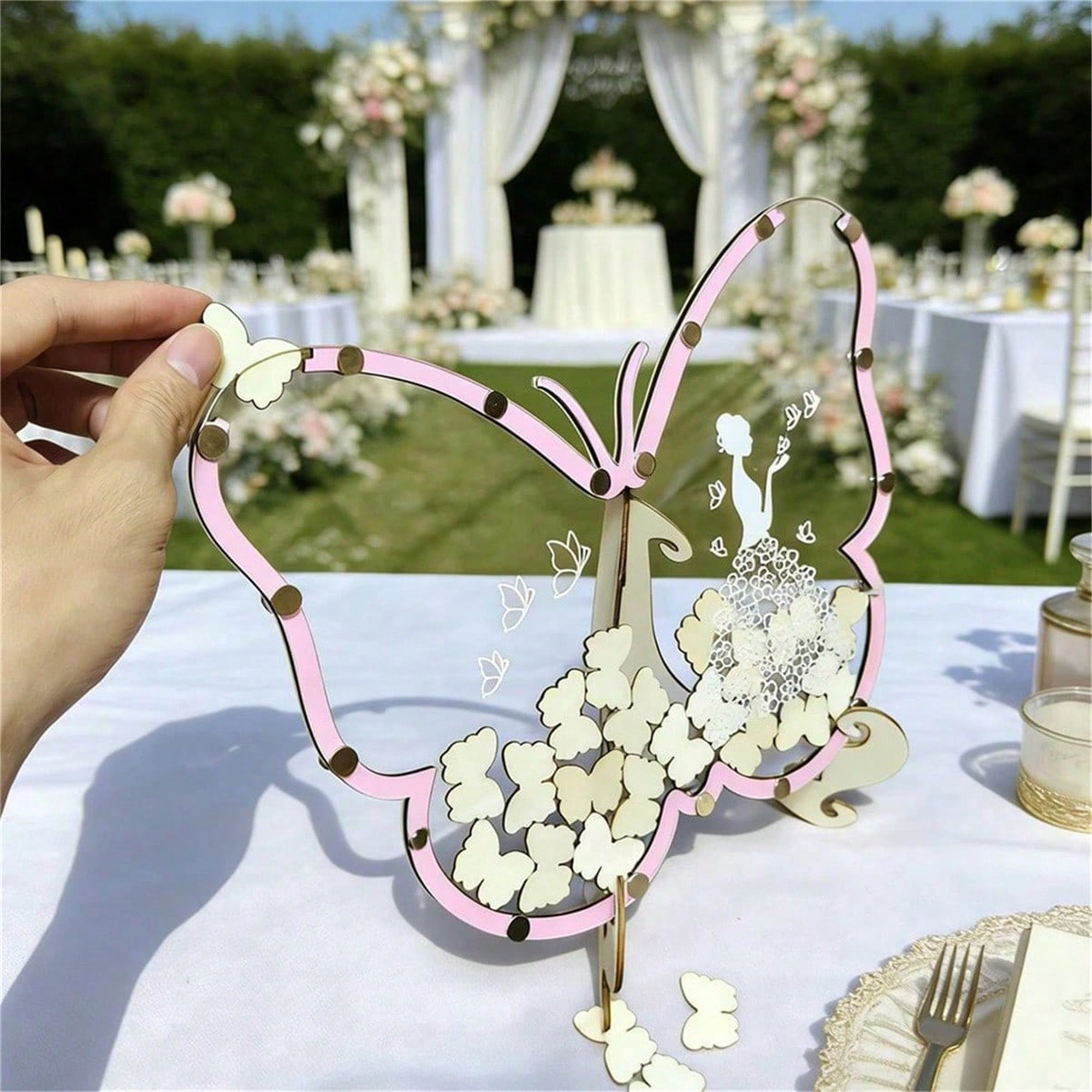 Wooden Butterfly Wedding Guest Book styled for a home or retail display