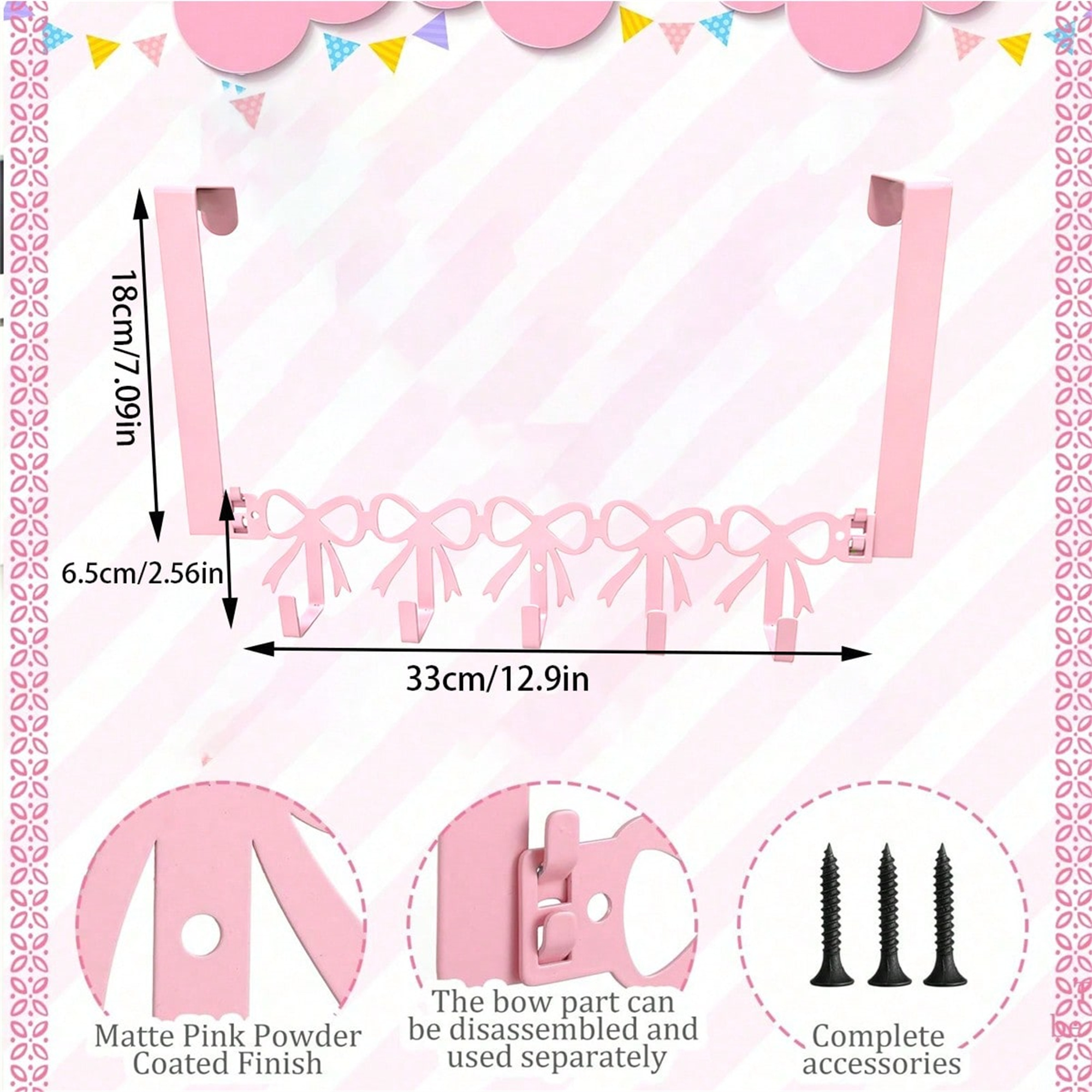 Pink bow over-the-door hook rack in iron for bedroom storage