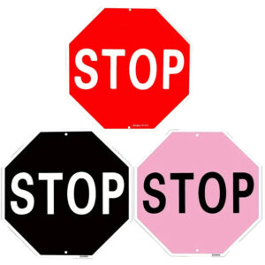 Octagonal metal stop sign wall decor in red black and pink