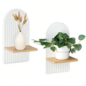 Boho wire wall shelf with white backdrop and wood display boards