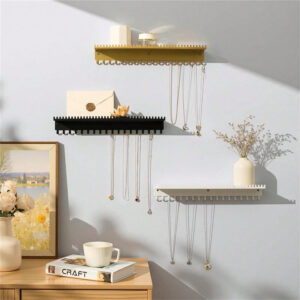 Wall-mounted iron necklace rack with hooks and storage tray