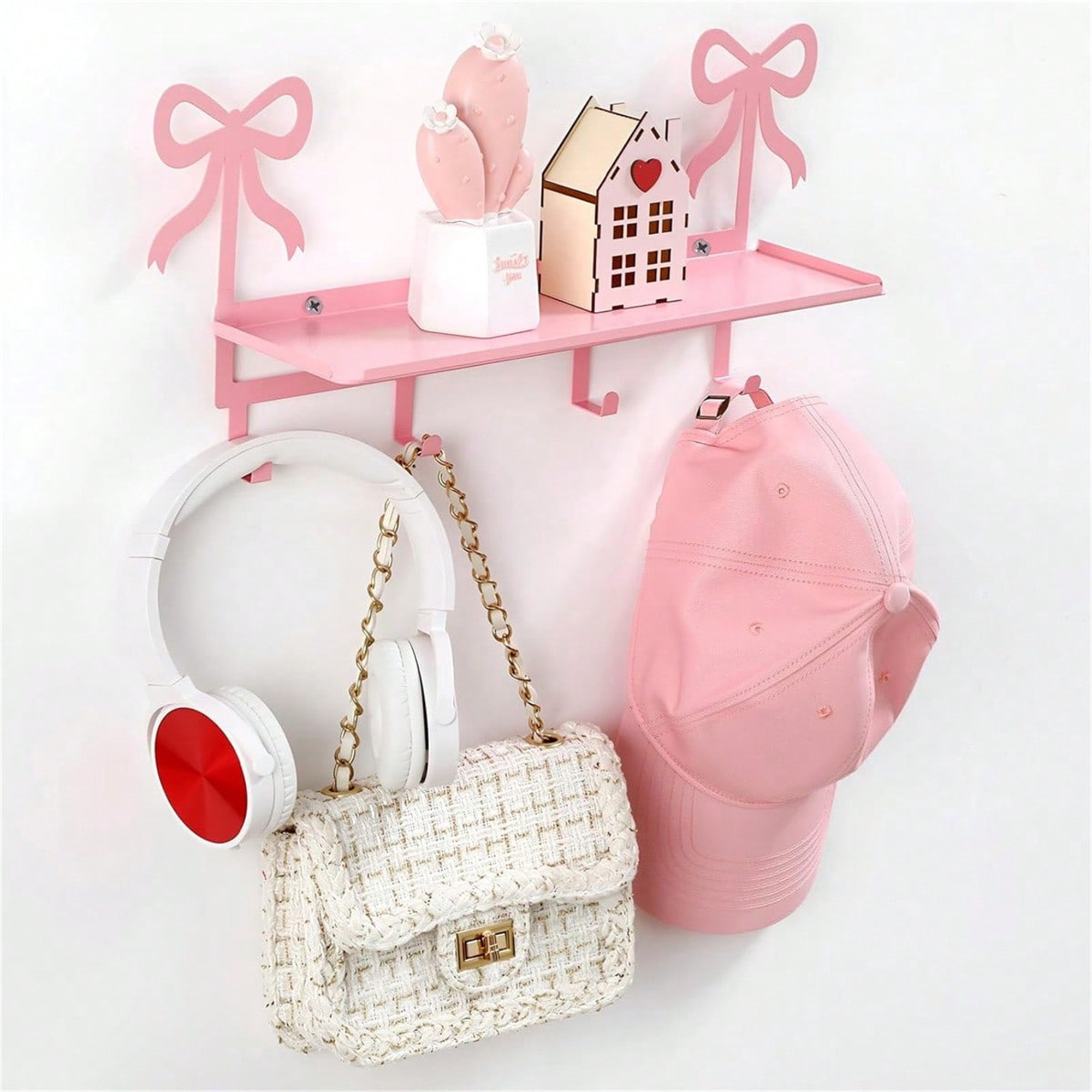 Pink bow wall-mounted iron shelf for entryway and bedroom storage